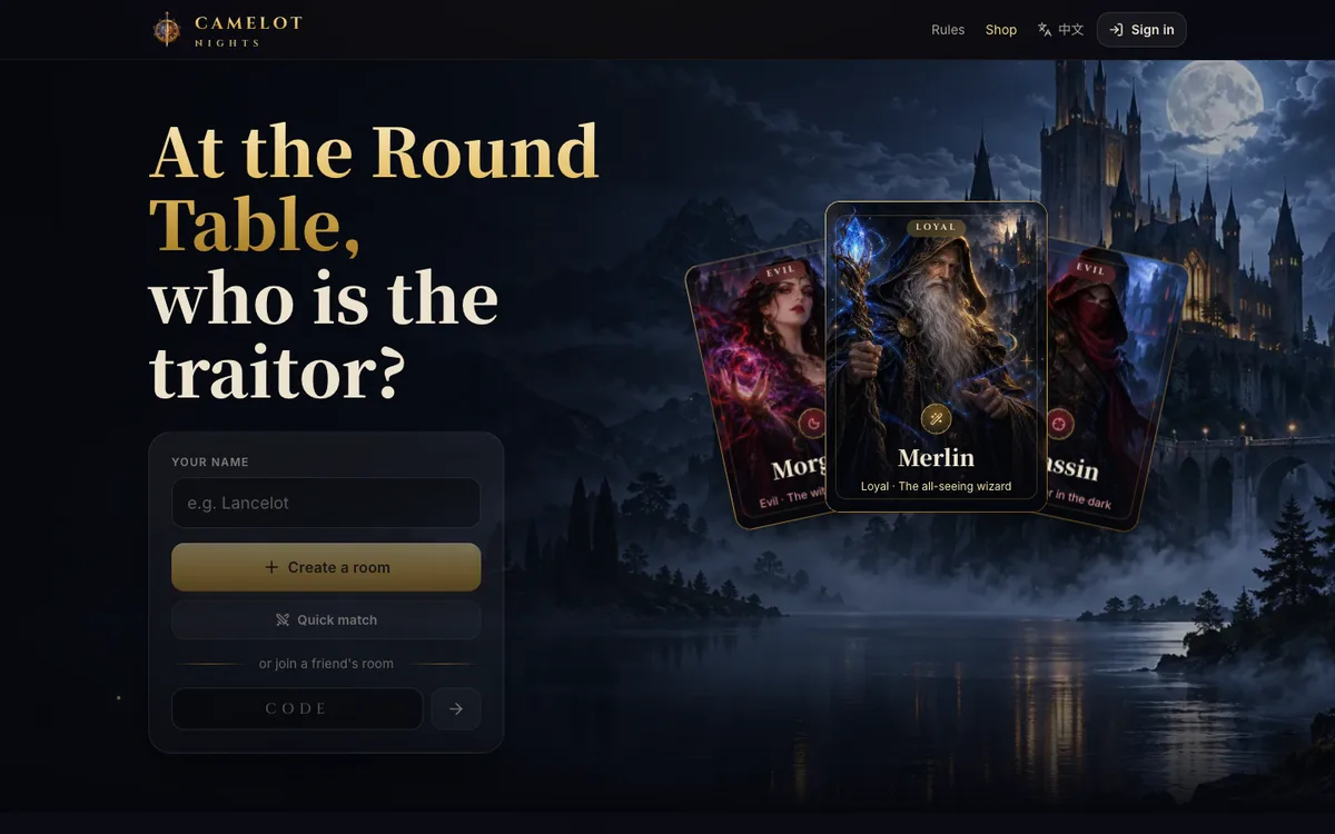 Camelot Nights home page: a castle at night and three role cards