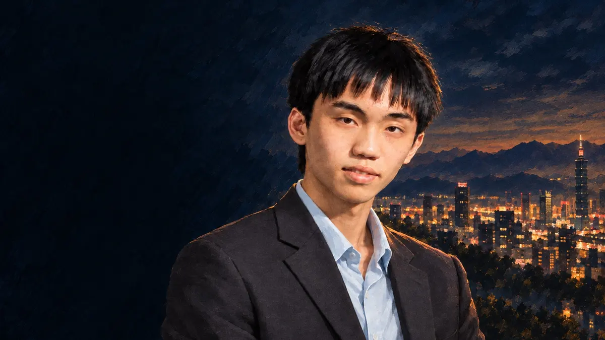 Alen Hsiao in a dark jacket, Taipei and 101 at dusk behind him (illustration).