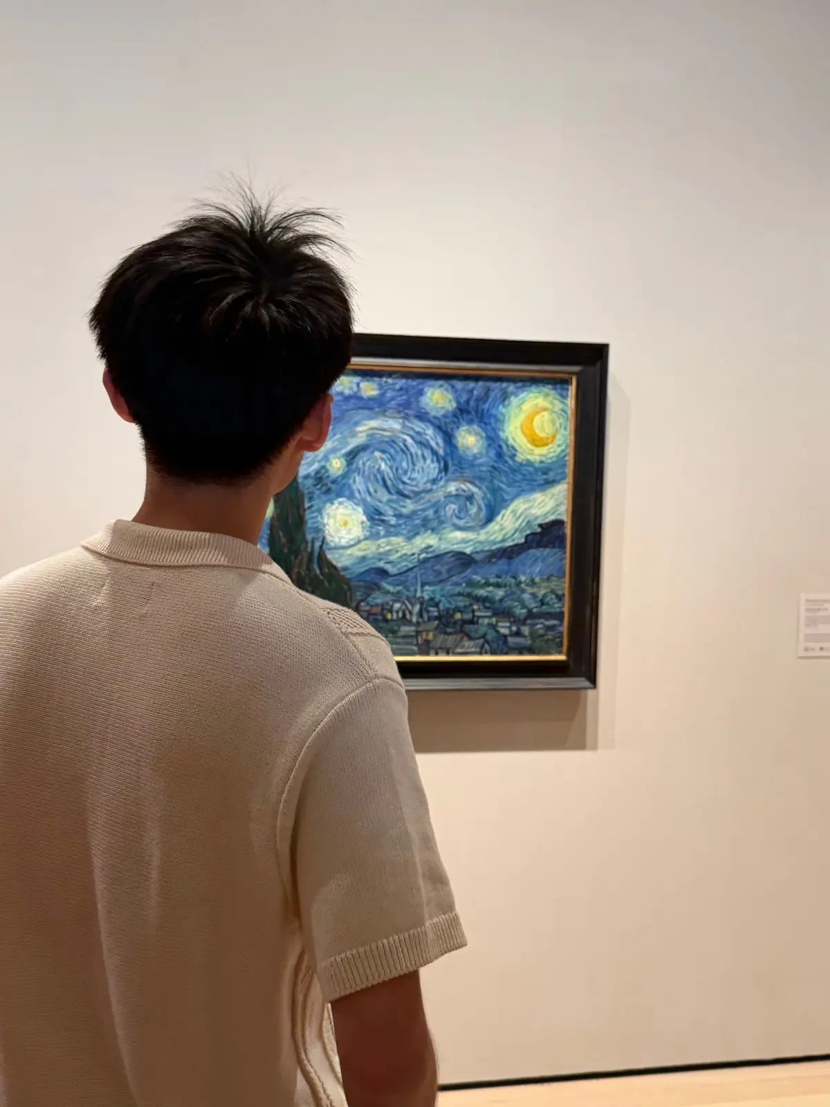 Alen Hsiao, seen from behind, looking at Van Gogh’s The Starry Night.
