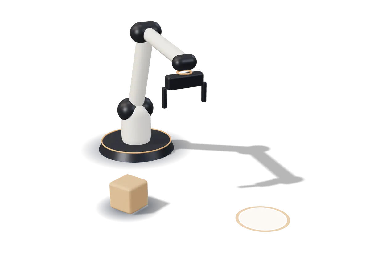 A simple model robot arm on a wooden desk, a block in front of it and a target ring to its right.