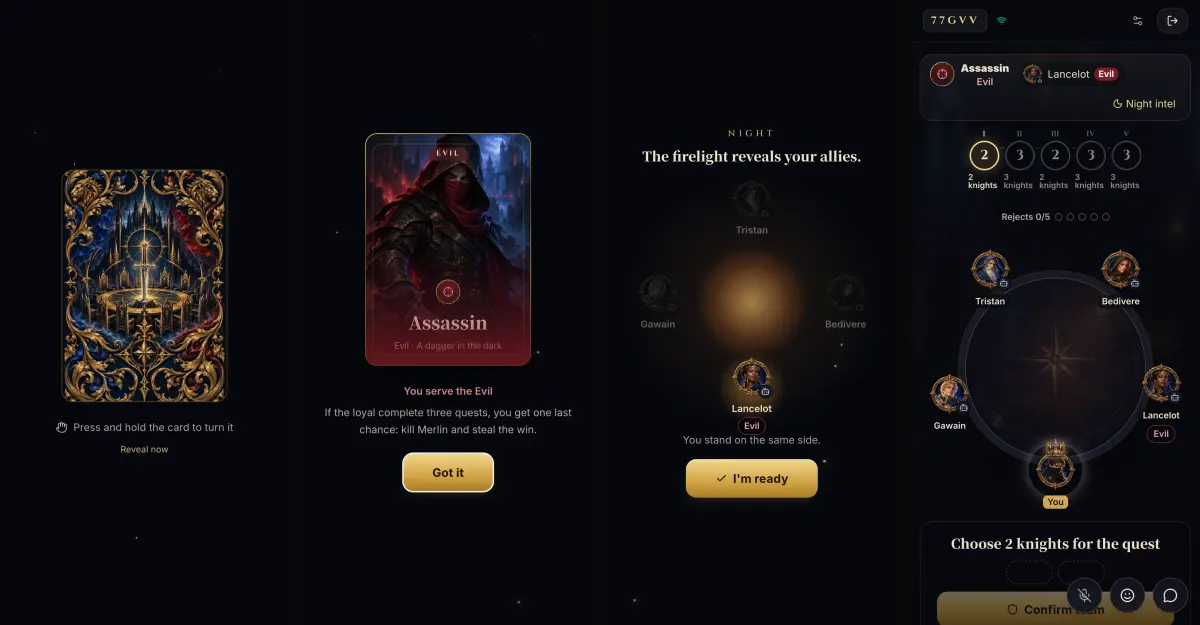 Four phone screens of Camelot Nights in order: a face-down card with “Press and hold the card to turn it”; the card turned to the Assassin, “You serve the Evil”; the night scene “The firelight reveals your allies” with one ally lit; the table on a phone, the quest track above the seats and “Choose 2 knights for the quest” below.